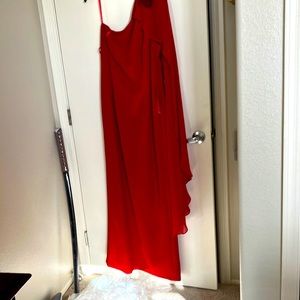 Size 16 red one sleeve with capelet evening dress. Slit in back